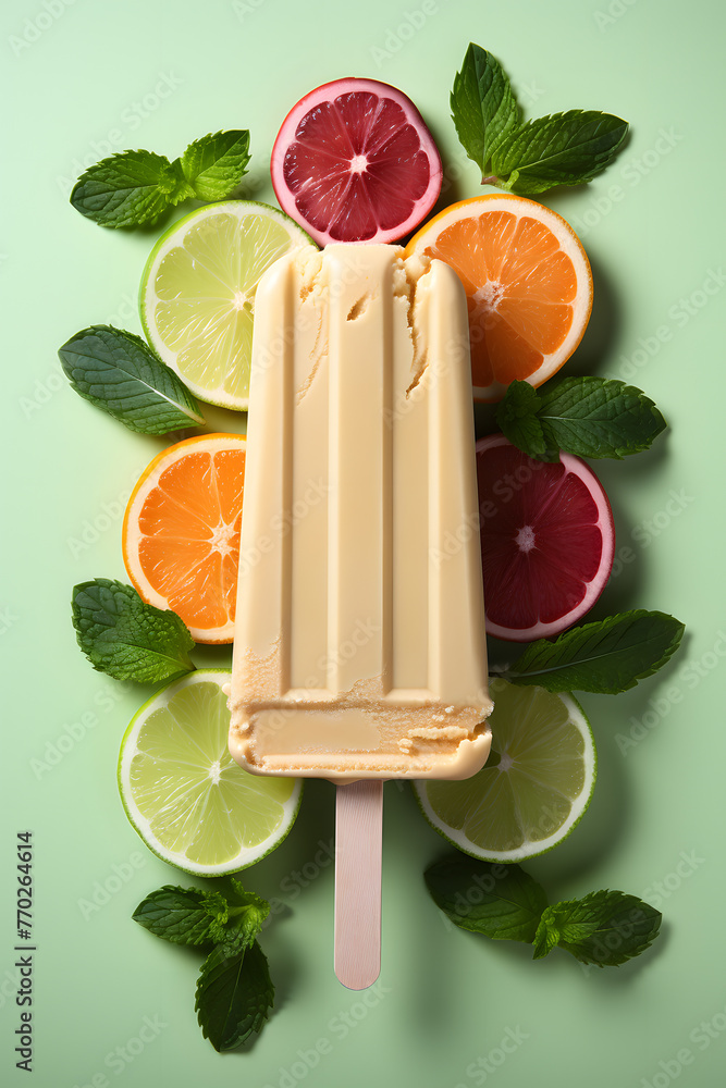 A popsicle ice cream, with some fruits around, in pastel summer colors, with copy space