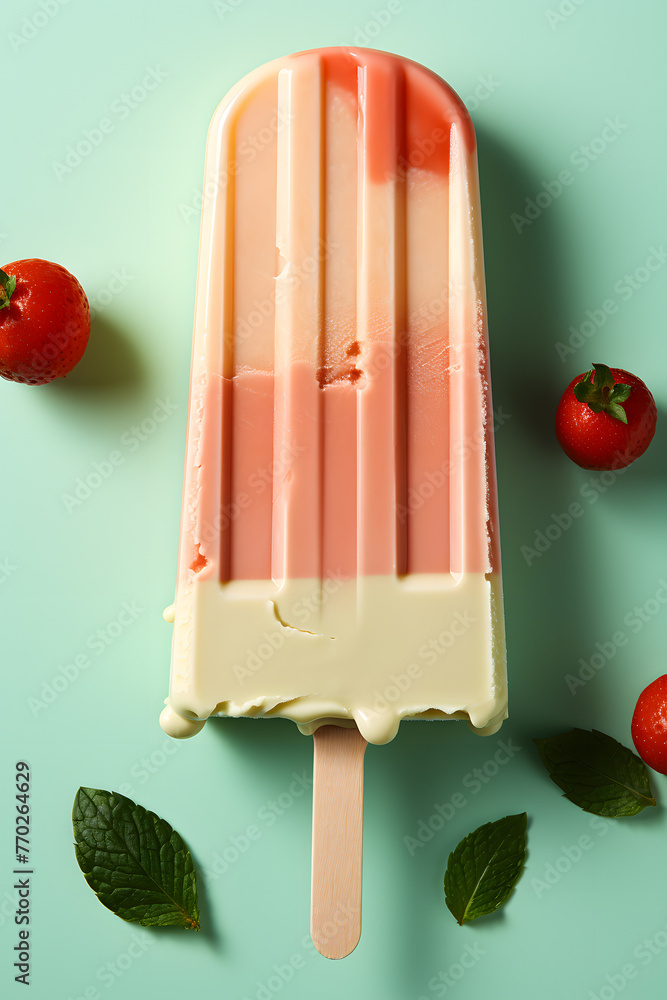 A popsicle ice cream, with some strawberries around, in pastel summer colors, with copy space