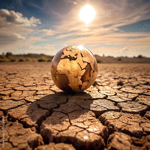 Water Crisis, Climate Change, El Nino, Global Warming Issue Concept. Brown Globe lay on Cracked Dry Soil Ground. Land without Water. High Temperature on Hot Sunny Day