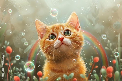 Cute cat sitting on a rainbow and blowing soap bubbles in modern format.