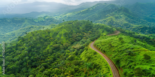 a winding road through lush green mountains, generative AI