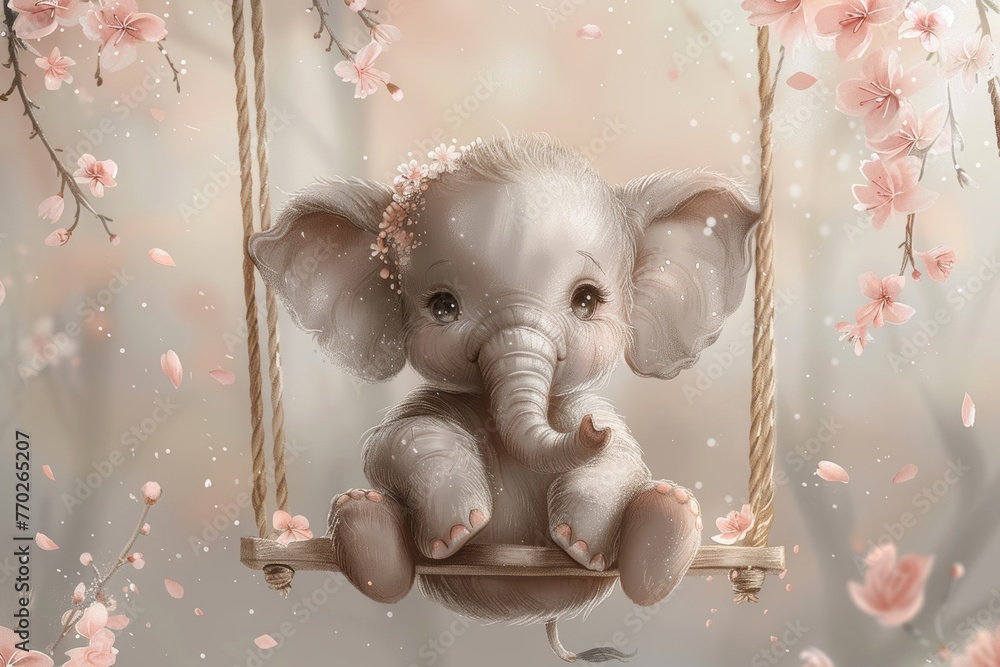 An illustration of a cute baby elephant swinging with a wreath of pink flowers. - obrazy, fototapety, plakaty 