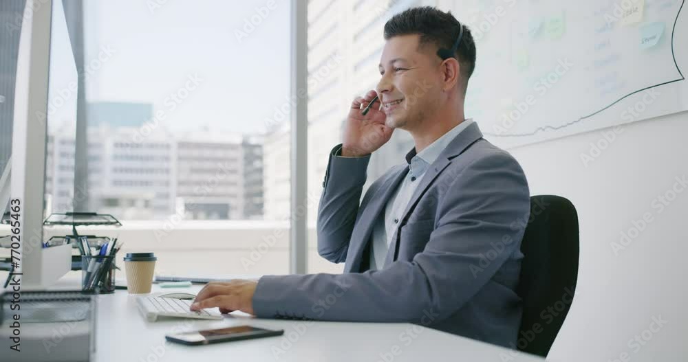 Call center, customer service and business man typing on computer for support. Telemarketing, contact us and happy professional sales person, consultant or advisor in crm communication at help desk Call center, customer service and business man typing on computer for support. Telemarketing, contact us and happy professional sales person, consultant or advisor in crm communication at help desk