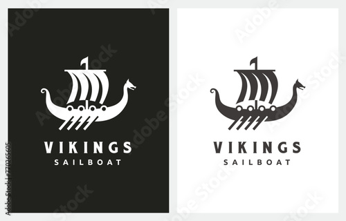Viking Sail Ship Drakkar Scandinavia logo design in outline style