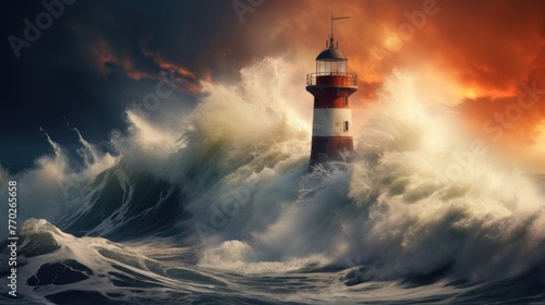 Ship lighthouse storm waves sea