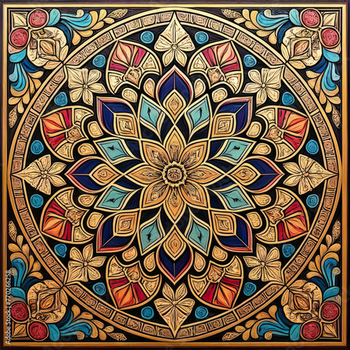 Colorful mosaic tile pattern with floral ornaments. Abstract background.