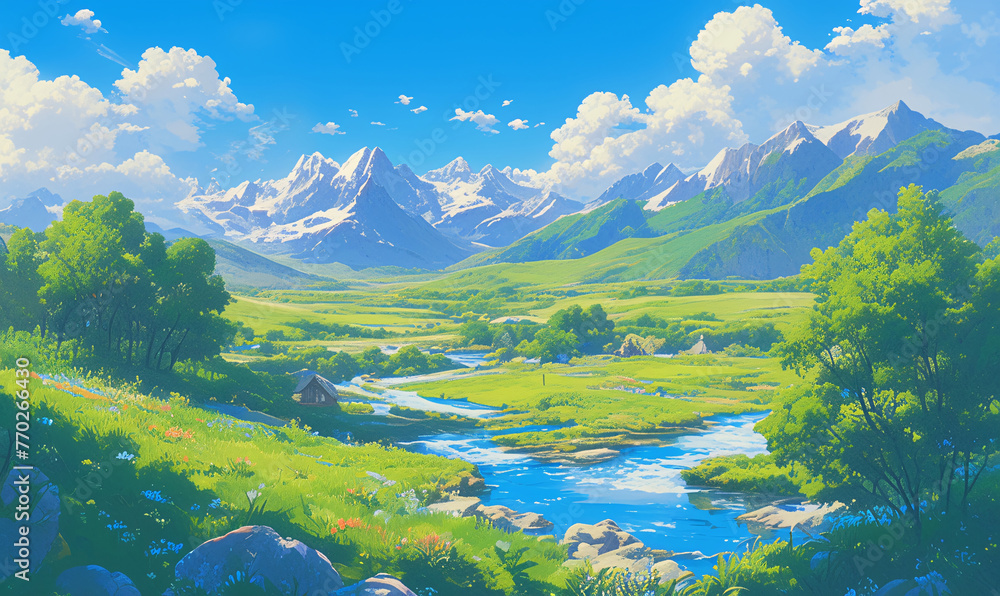 landscape with river and mountains-generative aI