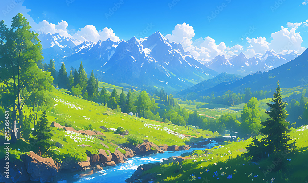landscape with river and mountains-generative aI