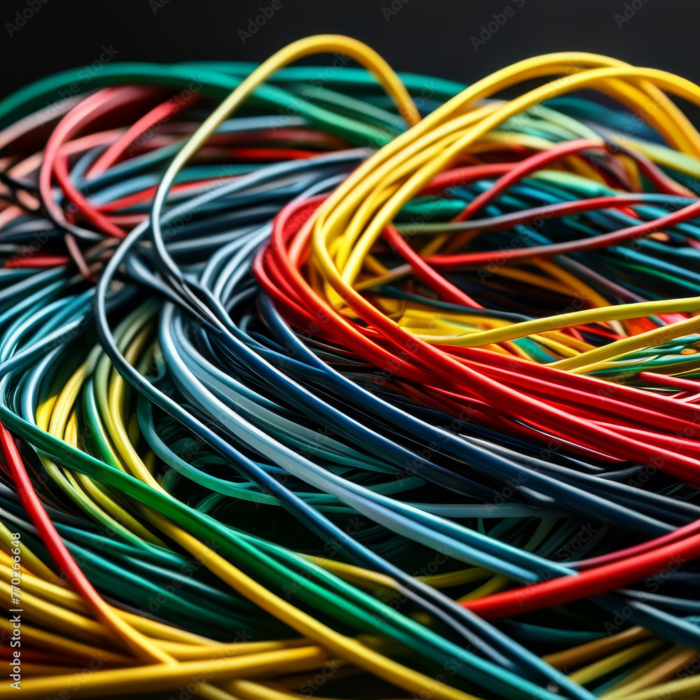 Colorful electrical wires on black background. Close-up view. Colorful electrical wires on black background. Close-up view.