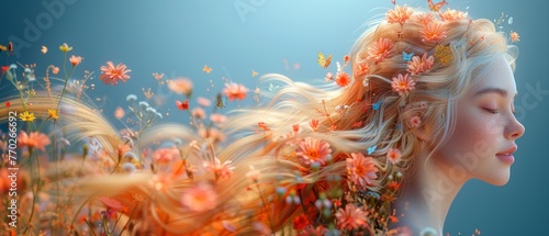 A cartoon blonde girl with flowers and butterflies coming out of her head, side view, vector illustration on a solid blue background