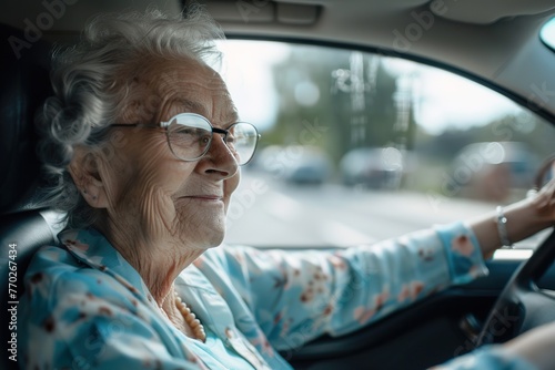 Happy senior woman driving car alone, enjoying car ride. Safe driving for elderly adults, older driver safety