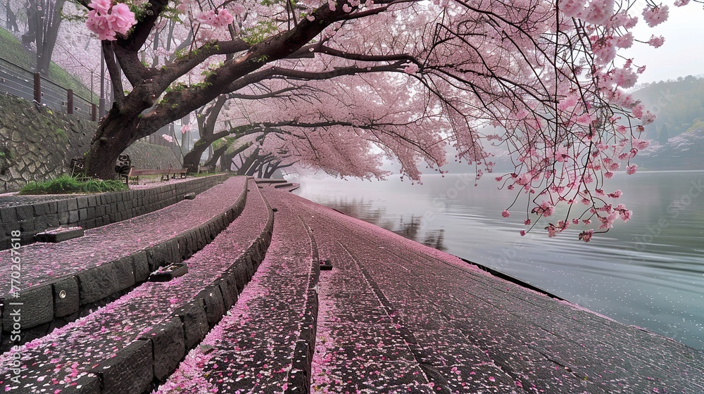 Beautiful circular path in the park, single pavement, panoramic cherry trees in the foreground - obrazy, fototapety, plakaty 