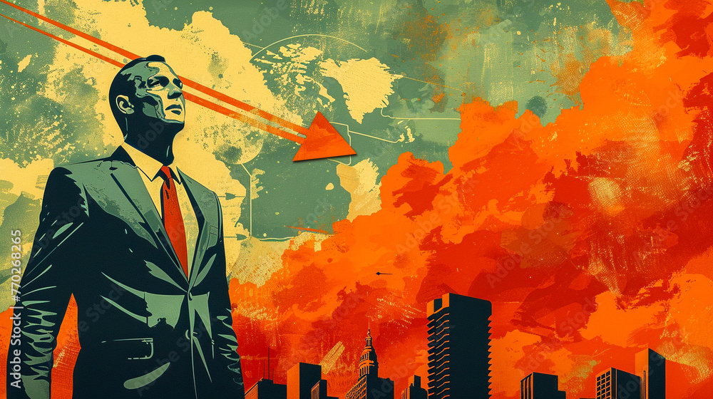A businessman looks upward, with an orange graph arrow cutting across the urban skyline - obrazy, fototapety, plakaty 