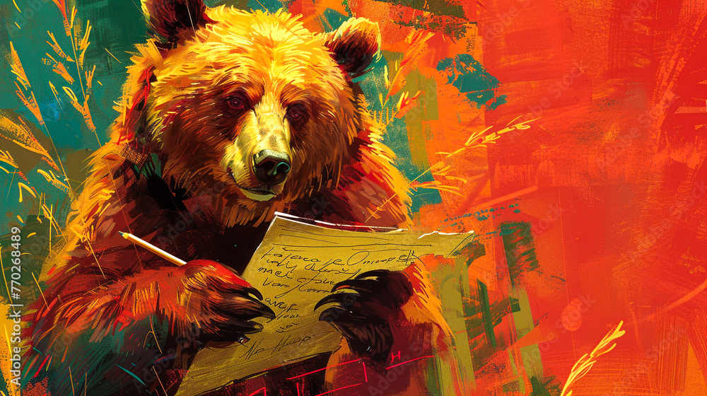 A bear holding a pencil and paper sits amidst vibrant brushstrokes and abstract shapes - obrazy, fototapety, plakaty 