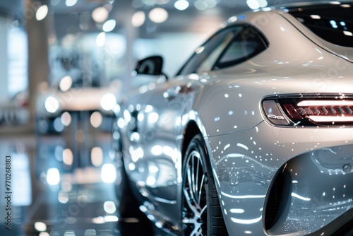 Luxury cars display in high-end showroom with light bokeh. Elegance and prestige. © Postproduction