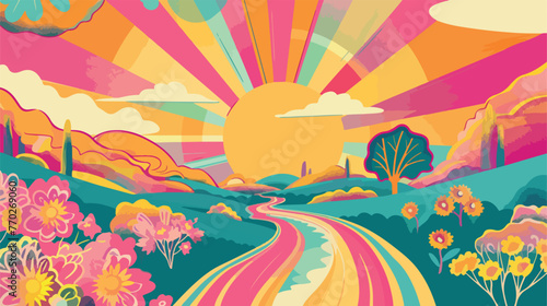 Retro psychedelic groovy landscape square poster. V