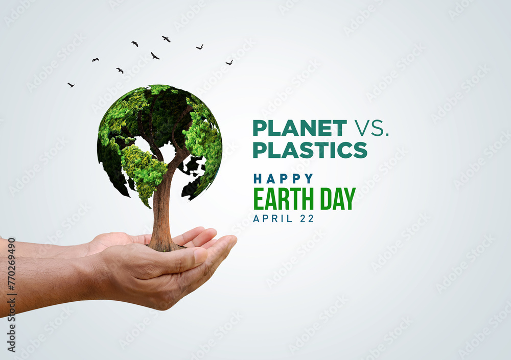 Planet vs. Plastics , Earth day 2024 concept 3d tree background. Ecology concept. Design with globe map drawing and leaves isolated on white background. 