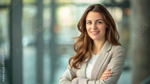 Free Download Cucasian businesswoman in casual business attire posing and smiling with copy space - GFXLoad