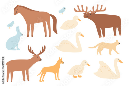 A set of animals that can be found on the street. Collection of deer, elk, hare, cat, dog, swan. Vector hand drawn illustration. © Евгения Крупель