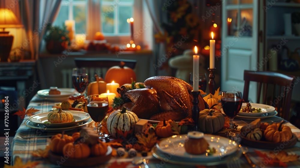 Thanksgiving dinner table served with turkey, decorated with pumpkins, candles, autumn leaves