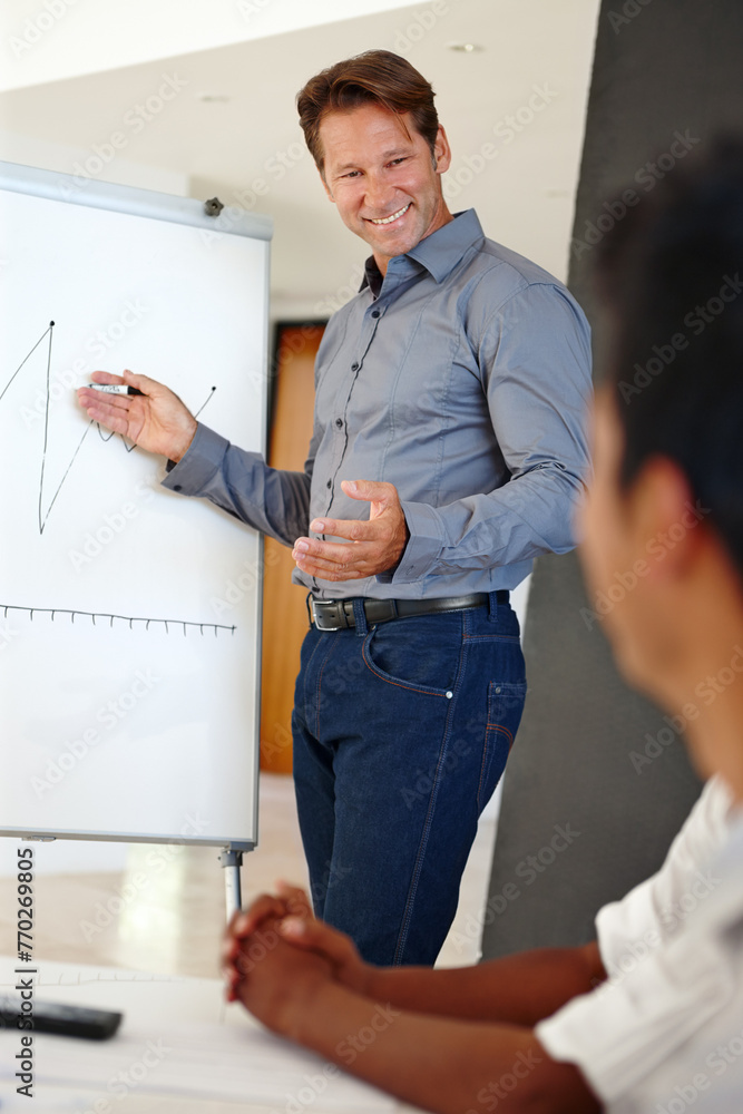 Man, business people or presentation with graphs, economy or corporate sales growth with accounting or funding report. Professional, presenter or speaker with teamwork, finance or charts with economy