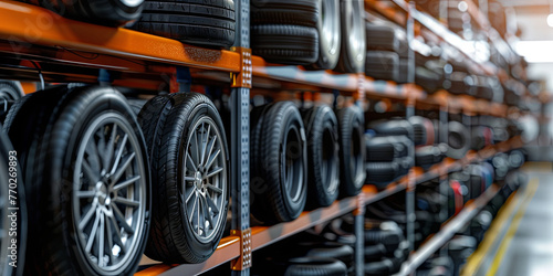 new car tires and wheels on shelf in warehouse, generative AI
