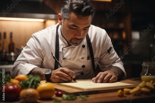 Male chef writing down food recipes with pen and paper in restaurant kitchen