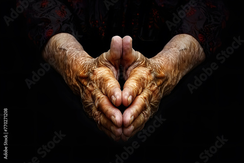 Close up hands praying, old wrinkled skin photo