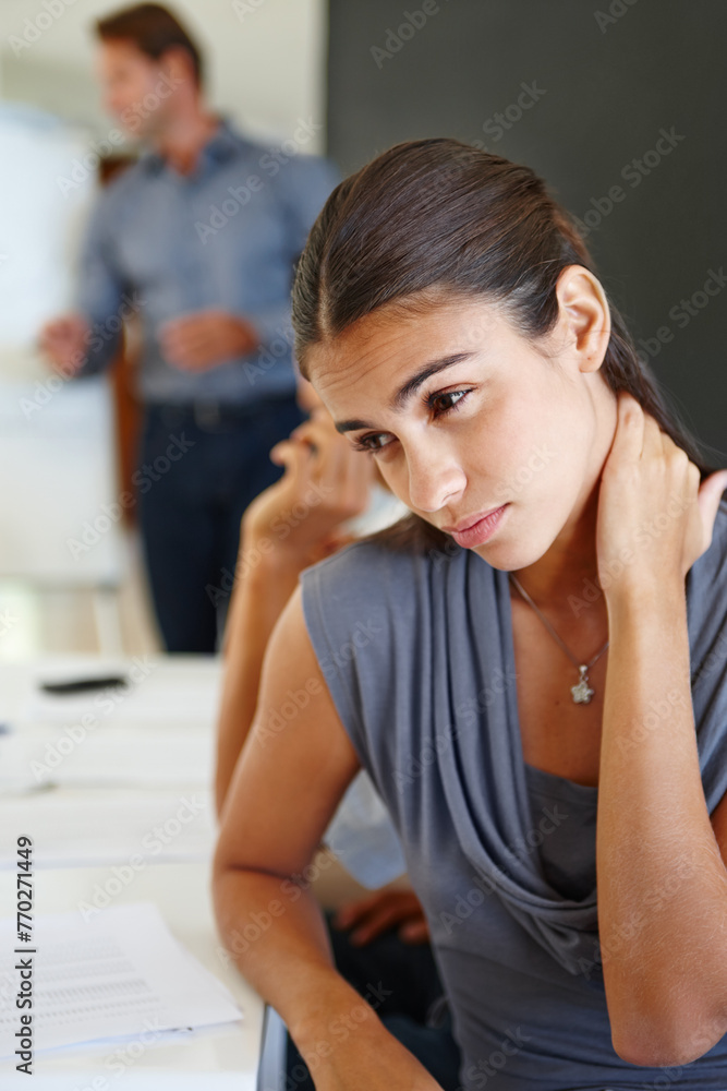 Meeting, business and woman with stress, neck pain and overworked with a deadline and anxiety in a modern office. People, employee or financial consultant with a headache or medical issue with crisis