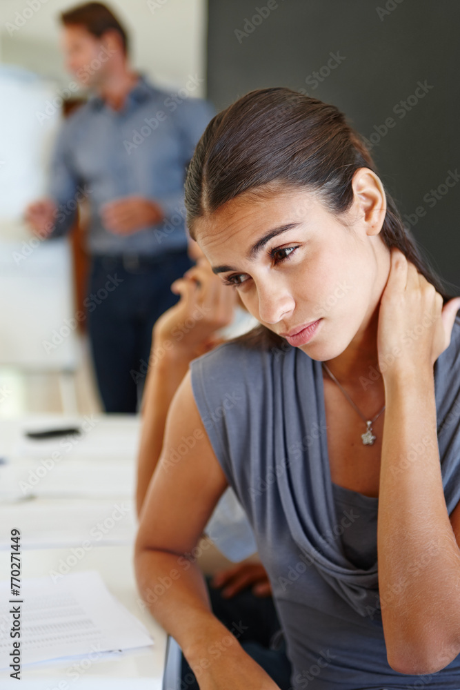 Meeting, business and woman with stress, neck pain and overworked with a deadline and anxiety in a modern office. People, employee or financial consultant with a headache or medical issue with crisis Meeting, business and woman with stress, neck pain and overworked with a deadline and anxiety in a modern office. People, employee or financial consultant with a headache or medical issue with crisis