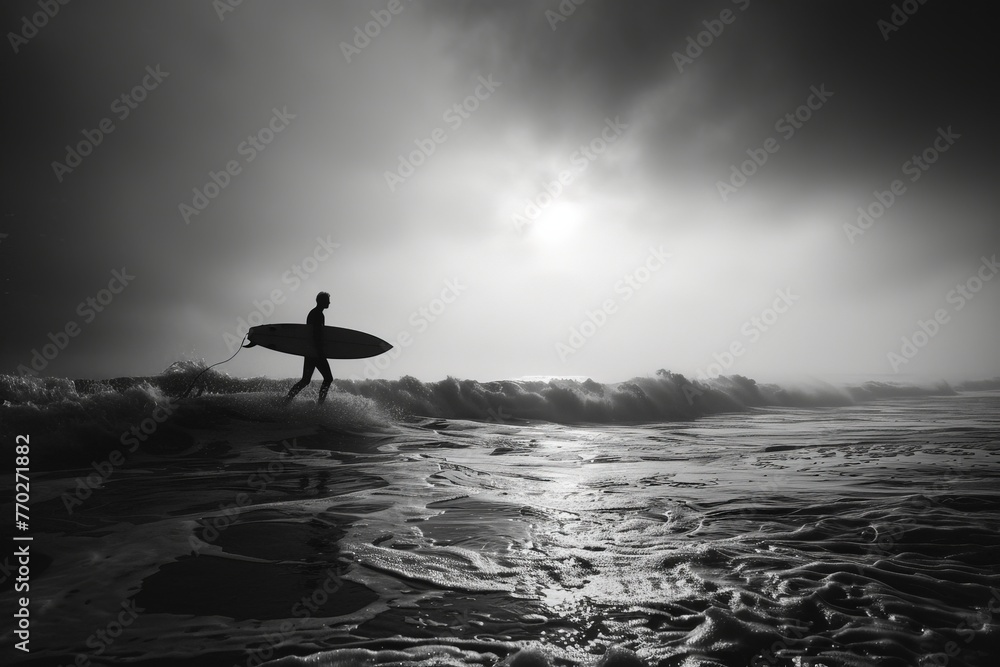 black and white photo of a surfer in the distance walking out to the sea - obrazy, fototapety, plakaty 