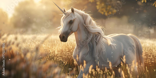 Unicorn in forest  a white horse standing in a field of flowers