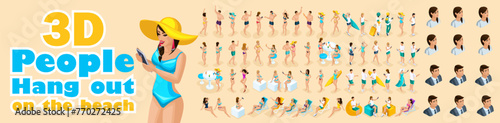 Large set of isometric, 3D people on vacation, girls in swimsuits, pool party, sun, beach, sea, Emotion for characters. For vector illustration