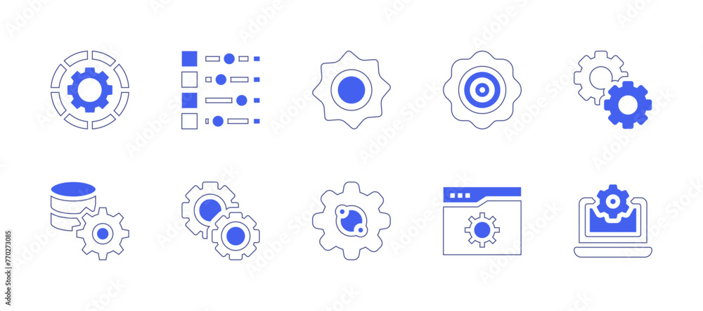Configuration icon set. Duotone style line stroke and bold. Vector illustration. Containing configuration, settings, server, gear, setting.