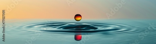 A minimalist depiction of a ripple effect in water, initiated by a colorful drop, against a serene, isolated background photo