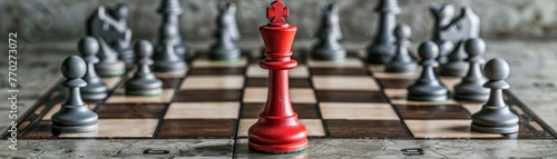 A single red chess piece surrounded by gray pieces on a minimalistic chessboard, emphasizing challenging the status quo photo