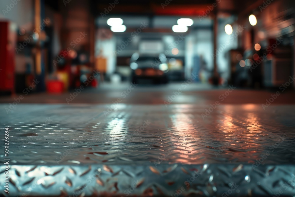 Interior of a car repair station, blurred background. Selective focus.