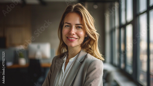 A portrait of a charming businesswoman standing confidently in her office, her engaging smile directed at the camera, with natural light from the window casting a soft glow on her face, 