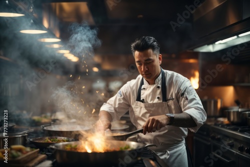 Male chef cooking in restaurant kitchen preparing customer s dish