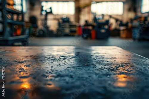 Selective focus on the center of the metal table with blurred industrial background