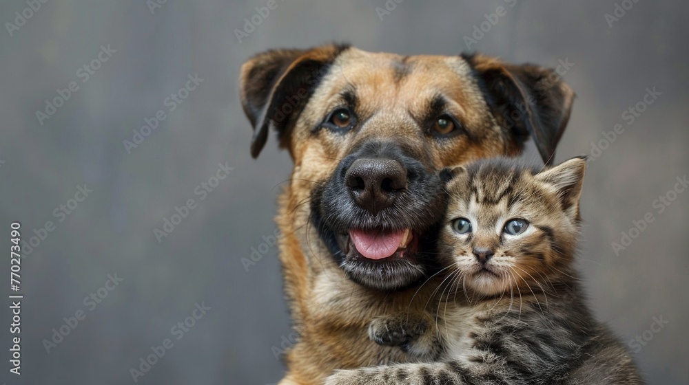 Kitten and dog hug on a gray background with copy space. The concept of a happy pets. Kitten and dog hug on a gray background with copy space. The concept of a happy pets.