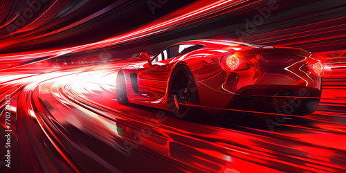 a red car speeding through a vibrant tunnel, a red car speeding through a vibrant tunnel