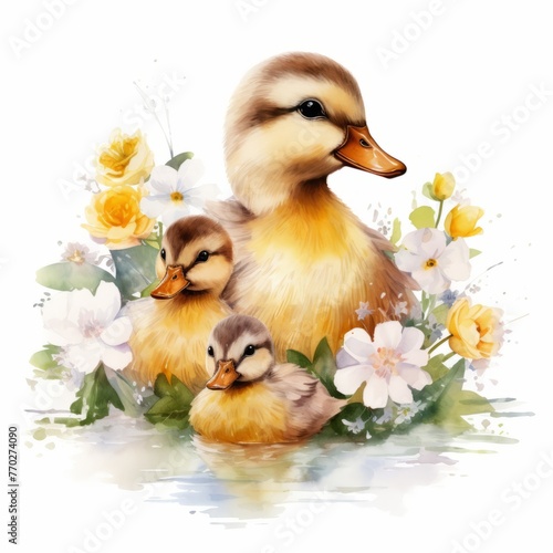 Mother- duck with ducklings, surrounded by flowers. Romantic style watercolor clip art. Motherhood concept. Mother's Day design.