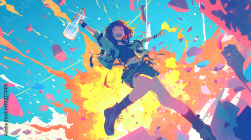 Cheerful anime girl jumping and explosions behind