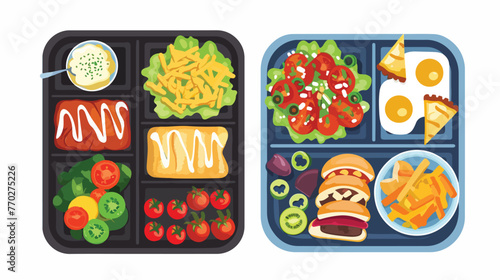 Set of two trays with healthy and unhealty food. Ch photo