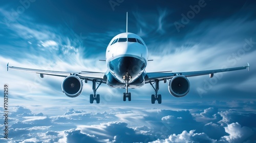 Commercial airplane in flight against a dynamic blue sky with fluffy white clouds