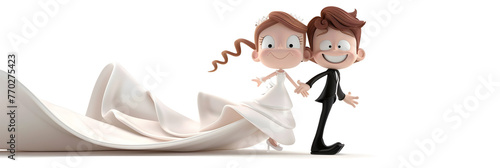 a bride and groom on a white background, cartoon wedding dress couple character