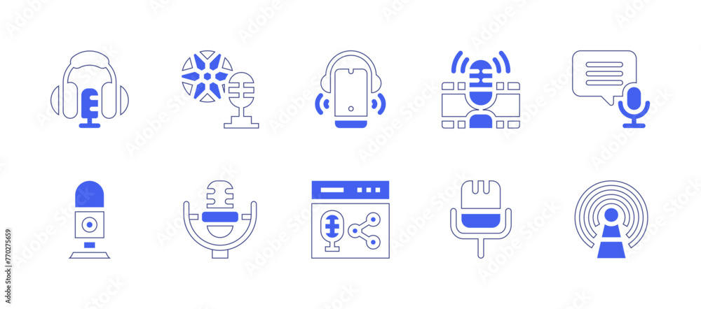 Podcast icon set. Duotone style line stroke and bold. Vector illustration. Containing podcast, microphone, football.