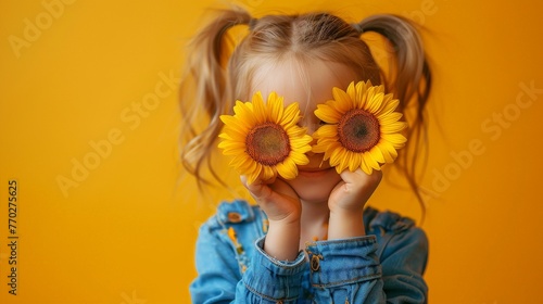 a cute little girl holding two sunflowers on her eyes - studio portrait on yellow background photo