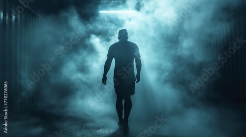 Silhouette of a man walking through foggy atmosphere with backlit illumination.